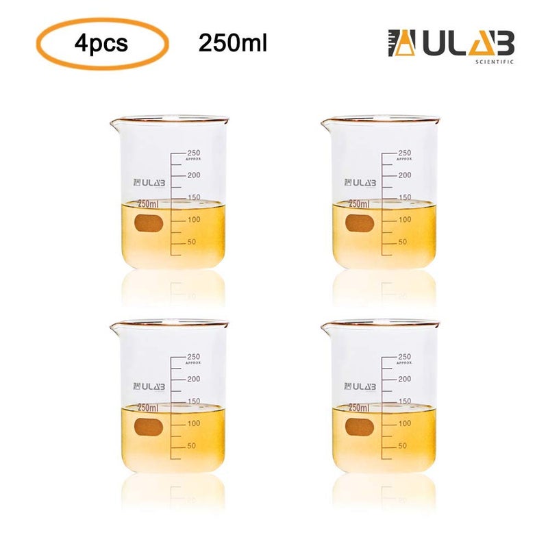 ULAB Scientific Glass Beaker Set, Vol. 250ml, 3.3 Borosilicate Griffin Low Form with Printed Graduation, Pack of 4, UBG1015 - Image 2